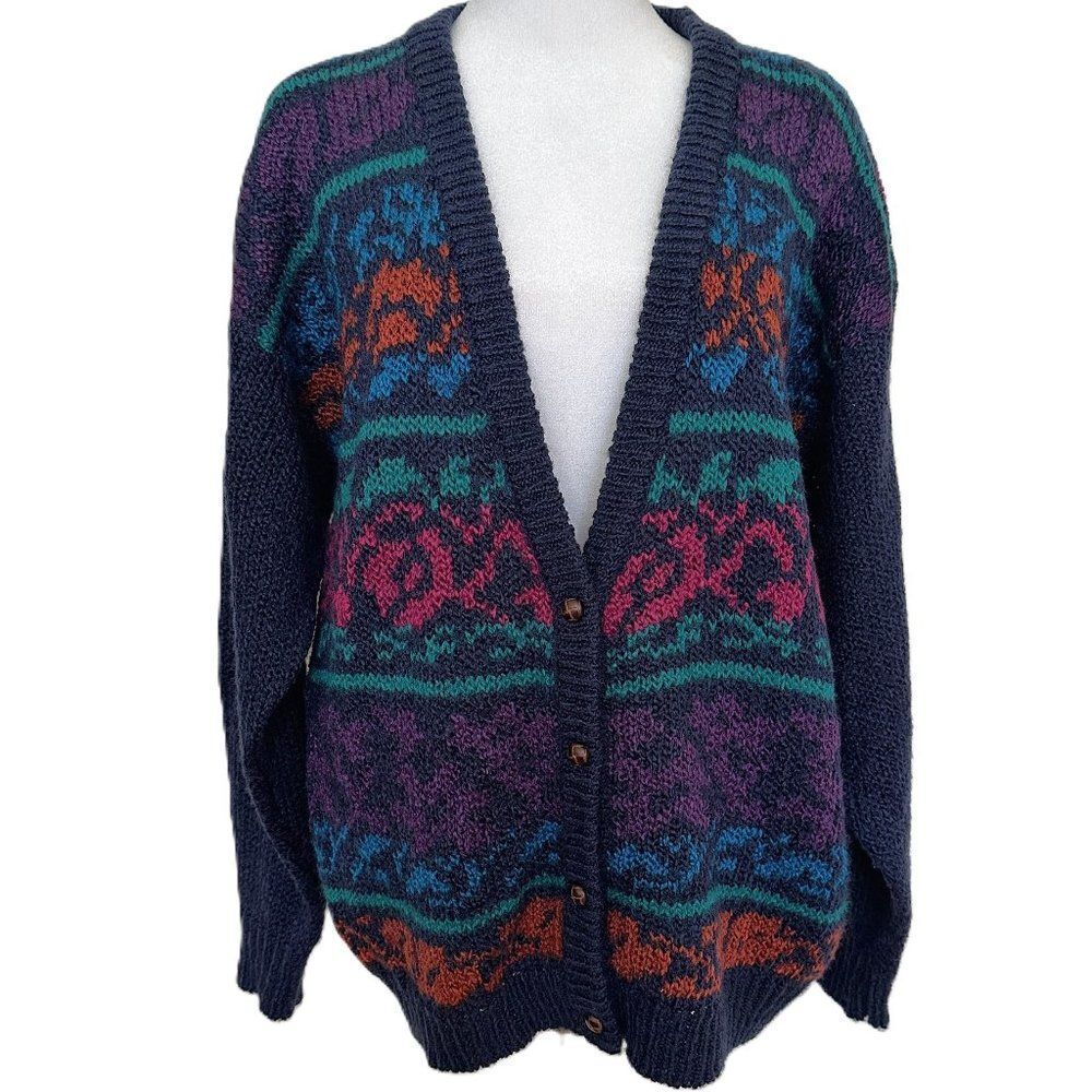 Vintage Button Front Cardigan Sweater Womens Size M Open Knit Navy Multi
